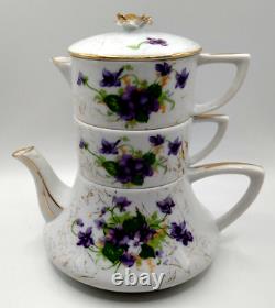 Stackable Teapot Set Hand Painted Sweet Violets Sugar Creamer Top White Purple