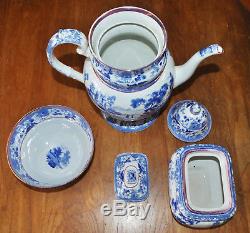 Staffordshire Flow Blue Pink Lustre Partial Tea Set Domed Teapot, Bowl & Sugar