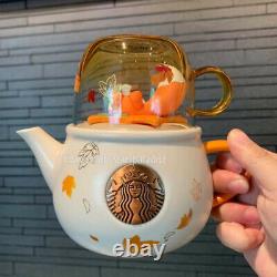 Starbucks 2021 China Autumn Forest Fox Glass Cup Lid Teapot 12oz Set