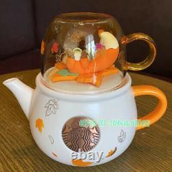 Starbucks 2021 China Forest Autumn Maple Leaf Teapot Fox Lid Glass Cup Set 12oz