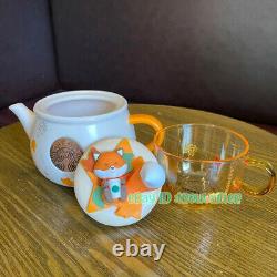 Starbucks 2021 China Forest Autumn Maple Leaf Teapot Fox Lid Glass Cup Set 12oz