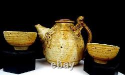 Studio Art Pottery Artist Signed Tan Speckled 3 Piece Stoneware 7 Teapot Set