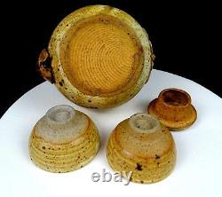 Studio Art Pottery Artist Signed Tan Speckled 3 Piece Stoneware 7 Teapot Set