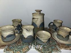 Studio Art Pottery Handmade Coffee Tea Pot Service 4 Cups Sugar Creamer Plates