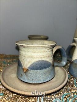 Studio Art Pottery Handmade Coffee Tea Pot Service 4 Cups Sugar Creamer Plates