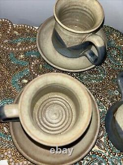 Studio Art Pottery Handmade Coffee Tea Pot Service 4 Cups Sugar Creamer Plates