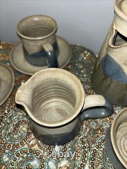 Studio Art Pottery Handmade Coffee Tea Pot Service 4 Cups Sugar Creamer Plates