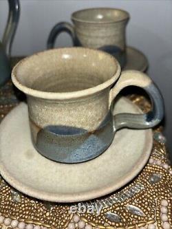 Studio Art Pottery Handmade Coffee Tea Pot Service 4 Cups Sugar Creamer Plates