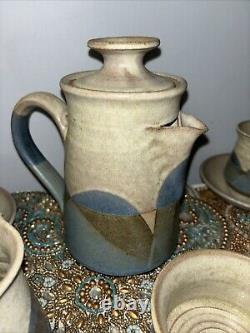 Studio Art Pottery Handmade Coffee Tea Pot Service 4 Cups Sugar Creamer Plates