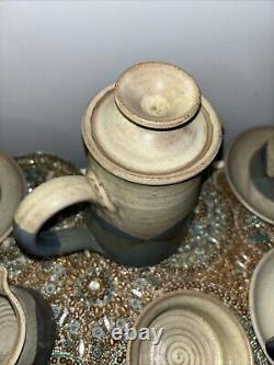 Studio Art Pottery Handmade Coffee Tea Pot Service 4 Cups Sugar Creamer Plates