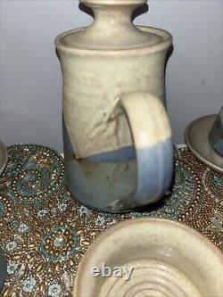 Studio Art Pottery Handmade Coffee Tea Pot Service 4 Cups Sugar Creamer Plates