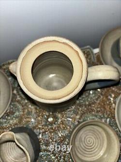 Studio Art Pottery Handmade Coffee Tea Pot Service 4 Cups Sugar Creamer Plates