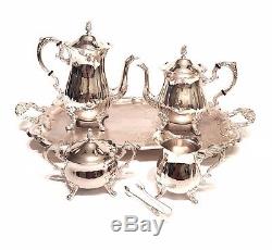 Stunning SILVER PLATED COFFEE TEA SET 2x Teapots Creamer Sugar Bowl Tongs & TRAY