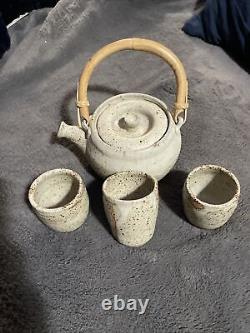 Super Cool Hand Made Stoneware Tea Pot Set With Bamboo Handle