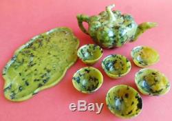 Superb Antique Moss Jade Chinese Tea Set Teapot Tray & Cups. 1900s
