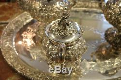 Superb Stieff Hand Wrought Repousee Two Tea Pot Sterling Silver 6 PC Tea Set