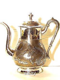 Tall Antique Chinese Export Sterling Silver Teapot+creamer+sugar Dragon Tea Set