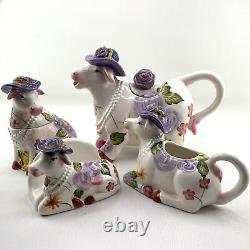TEA POT SET Boho Cottage Country Purple Cow Floral Teapot Milk Sugar Pearl x4
