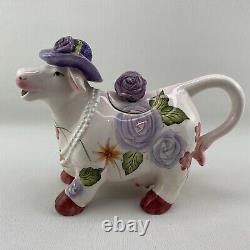 TEA POT SET Boho Cottage Country Purple Cow Floral Teapot Milk Sugar Pearl x4