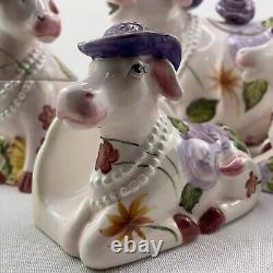 TEA POT SET Boho Cottage Country Purple Cow Floral Teapot Milk Sugar Pearl x4
