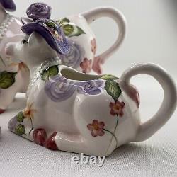 TEA POT SET Boho Cottage Country Purple Cow Floral Teapot Milk Sugar Pearl x4