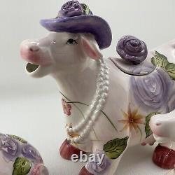 TEA POT SET Boho Cottage Country Purple Cow Floral Teapot Milk Sugar Pearl x4