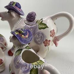 TEA POT SET Boho Cottage Country Purple Cow Floral Teapot Milk Sugar Pearl x4