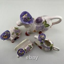 TEA POT SET Boho Cottage Country Purple Cow Floral Teapot Milk Sugar Pearl x4