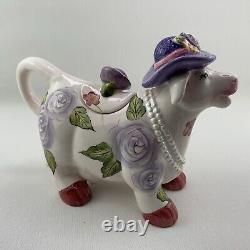 TEA POT SET Boho Cottage Country Purple Cow Floral Teapot Milk Sugar Pearl x4