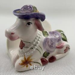 TEA POT SET Boho Cottage Country Purple Cow Floral Teapot Milk Sugar Pearl x4