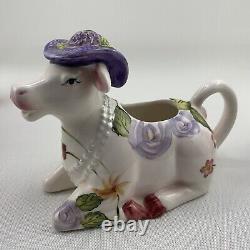 TEA POT SET Boho Cottage Country Purple Cow Floral Teapot Milk Sugar Pearl x4