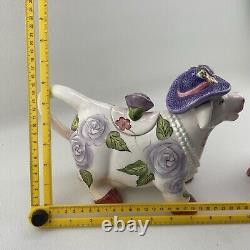 TEA POT SET Boho Cottage Country Purple Cow Floral Teapot Milk Sugar Pearl x4