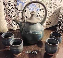 TEA POT SET CUPS 4 Asian Inspired JAPANESE Variegated BLUE's GLAZED Clay GIFT