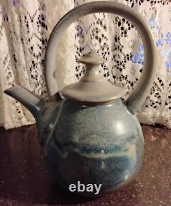 TEA POT SET CUPS 4 Asian Inspired JAPANESE Variegated BLUE's GLAZED Clay GIFT
