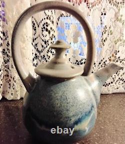 TEA POT SET CUPS 4 Asian Inspired JAPANESE Variegated BLUE's GLAZED Clay GIFT