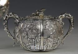 THE BEST ANTIQUE CHINESE SILVER EXPORT SILVER TEA SET TEAPOT SERVICE W FIGURES