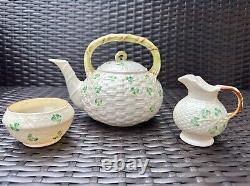 TRIO BELLEEK Ireland Set of Shamrock Basketweave Teapot, Creamer, and Sugar Bowl