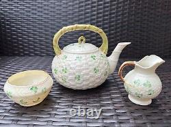 TRIO BELLEEK Ireland Set of Shamrock Basketweave Teapot, Creamer, and Sugar Bowl