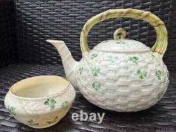 TRIO BELLEEK Ireland Set of Shamrock Basketweave Teapot, Creamer, and Sugar Bowl