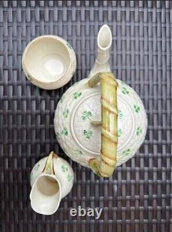 TRIO BELLEEK Ireland Set of Shamrock Basketweave Teapot, Creamer, and Sugar Bowl