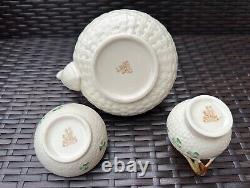 TRIO BELLEEK Ireland Set of Shamrock Basketweave Teapot, Creamer, and Sugar Bowl