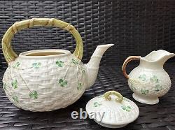 TRIO BELLEEK Ireland Set of Shamrock Basketweave Teapot, Creamer, and Sugar Bowl