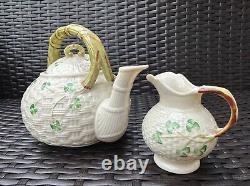 TRIO BELLEEK Ireland Set of Shamrock Basketweave Teapot, Creamer, and Sugar Bowl