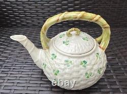 TRIO BELLEEK Ireland Set of Shamrock Basketweave Teapot, Creamer, and Sugar Bowl