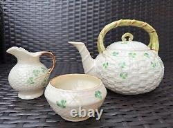 TRIO BELLEEK Ireland Set of Shamrock Basketweave Teapot, Creamer, and Sugar Bowl