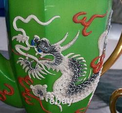 Takito Green Moriage Dragonware Tea Set Teapot, Sugar Bowl & Creamer