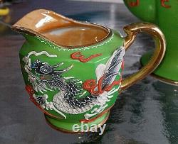 Takito Green Moriage Dragonware Tea Set Teapot, Sugar Bowl & Creamer