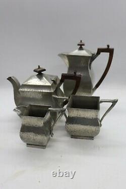 Talbot Hammered Planished Pewter Coffee & Tea Pot Cream & Sugar Set 1920's
