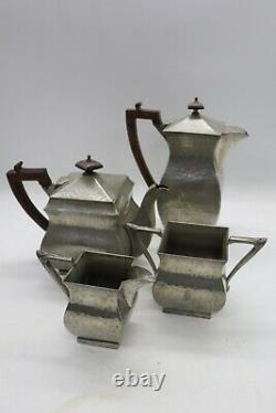 Talbot Hammered Planished Pewter Coffee & Tea Pot Cream & Sugar Set 1920's
