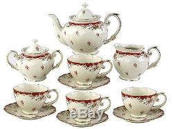 Tea Cups Saucers Set Vintage English Style Teapot 11pc Porcelain Dinnerware GW